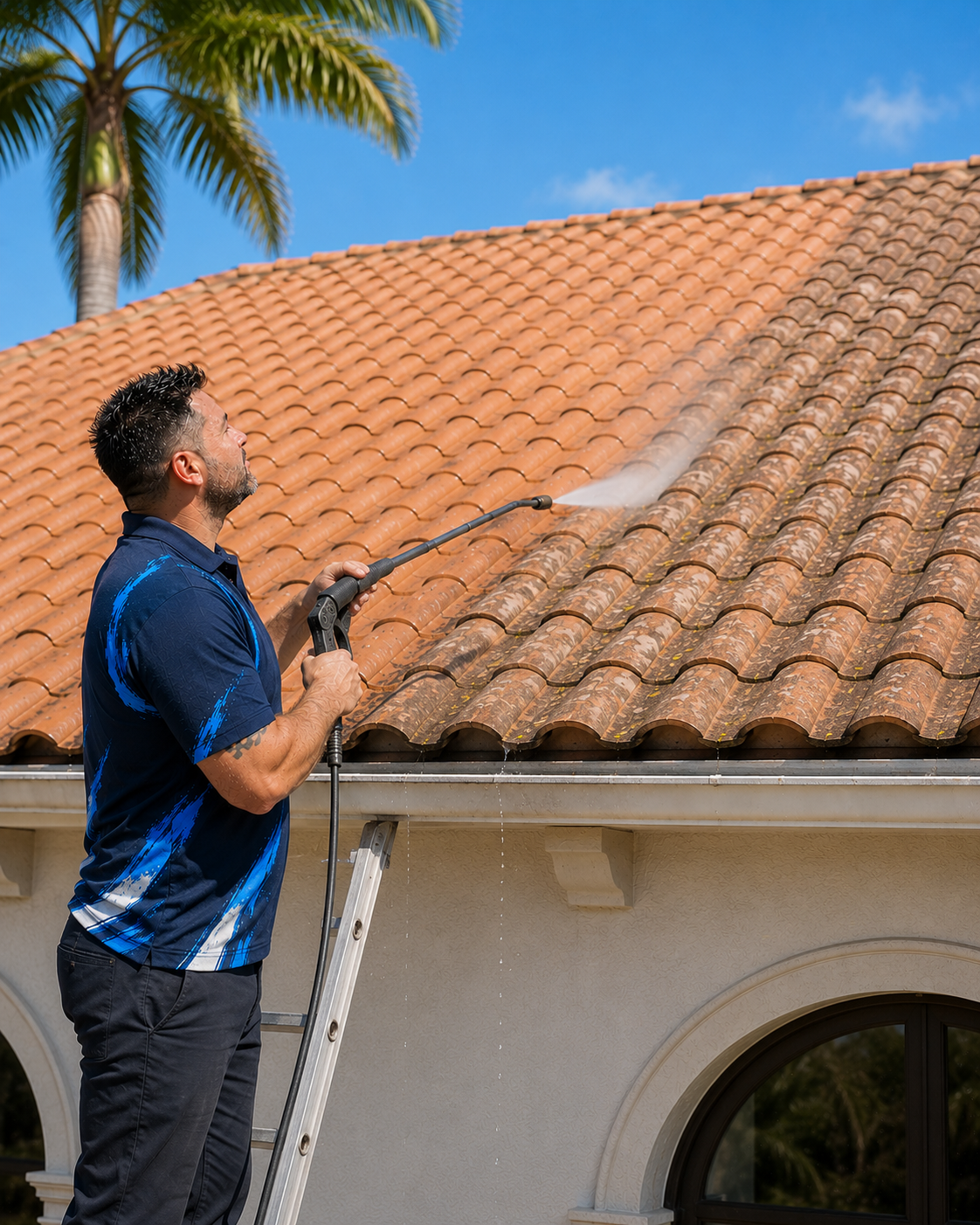 Louie, Coastal Pro co-owner, low-pressure soft-washing a Spanish tile roof on a South Florida home