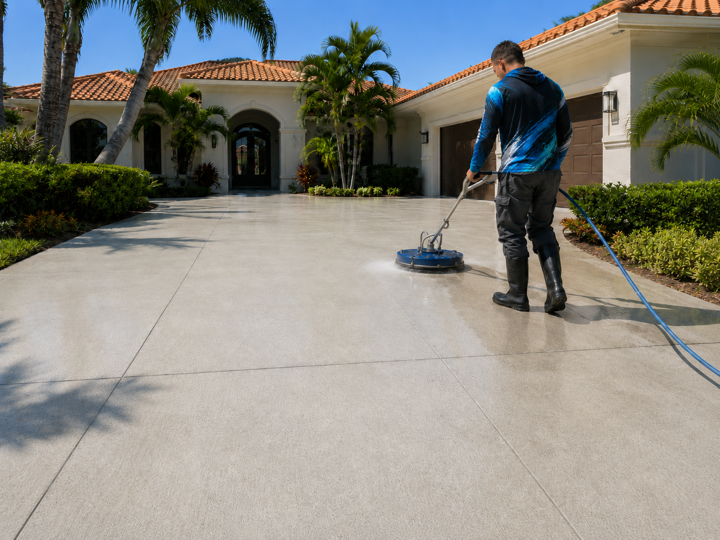 Coastal Pro technician surface-cleaning a concrete driveway to an even finish in front of a South Florida home