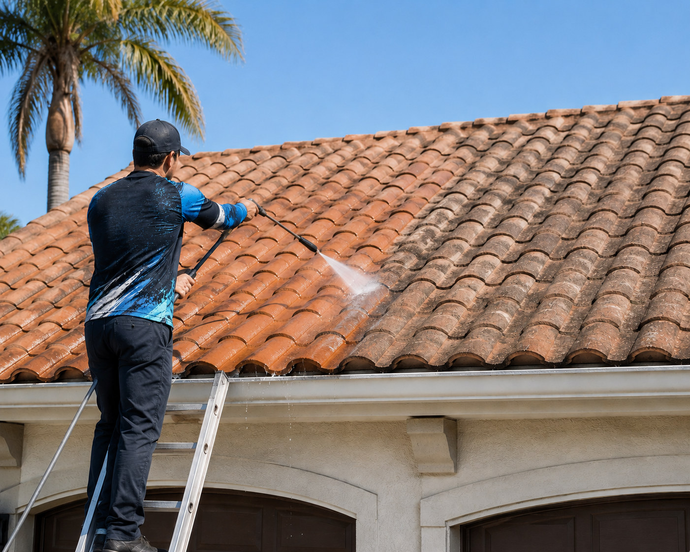 Coastal Pro technician low-pressure soft-washing a Spanish tile roof on a South Florida home
