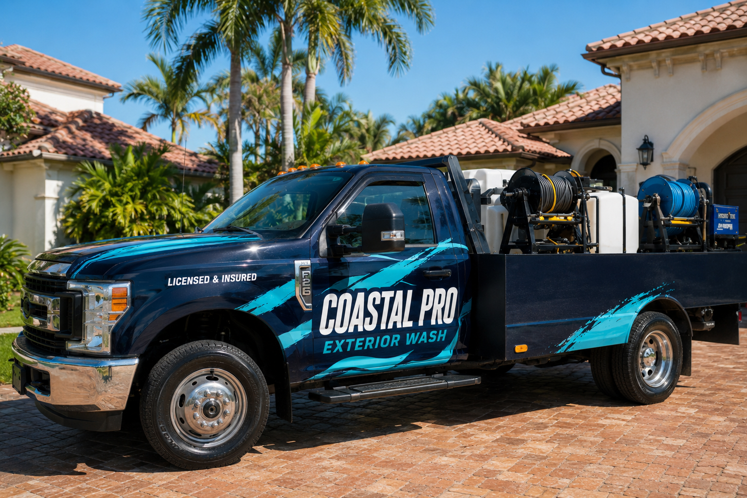 Coastal Pro's navy flatbed truck loaded with hot-water pressure-washing rigs and soft-wash tanks at a South Florida home